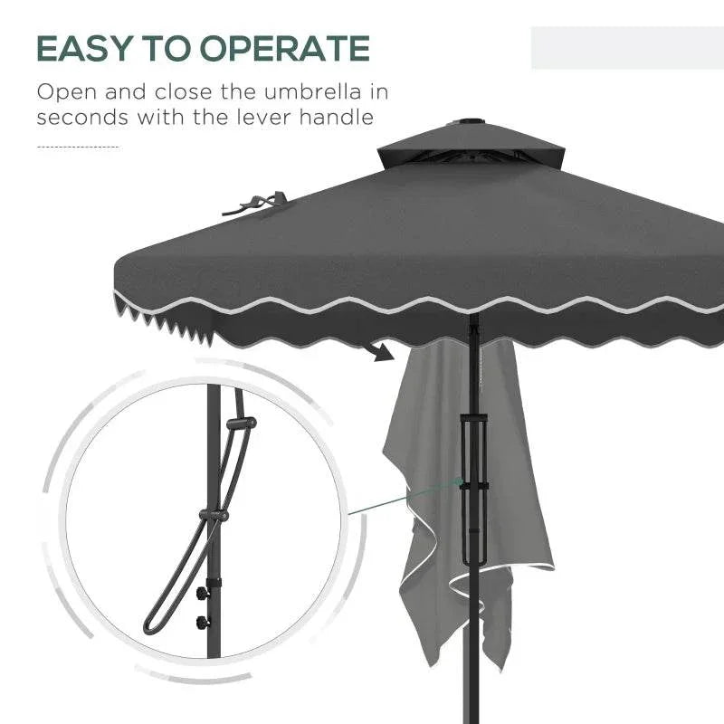 Dark grey cantilever parasol with double-top canopy and side lever for opening