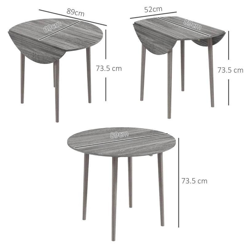 Grey folding round dining table with drop leaves shown with size measurements