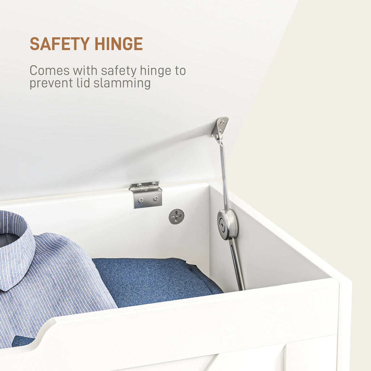 White storage ottoman lid supported by safety hinge mechanism, interior visible.