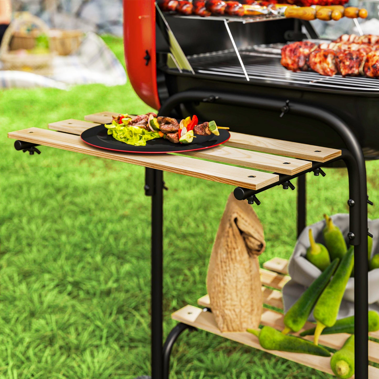 Outsunny Portable Charcoal BBQ Grill With 1840 cm2 Cooking Area Three Shelves Adjustable Vent Lockable Lid Wheels Red