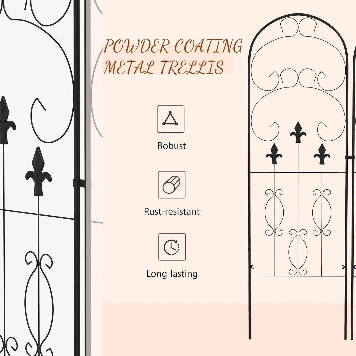 Powder-coated metal trellis set of two with scrollwork, robust rust-resistant icons