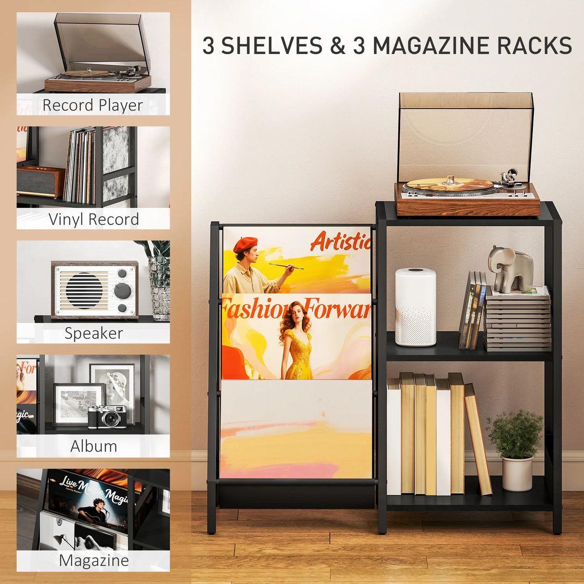 Black record player stand with dust cover and three shelves for vinyl records
