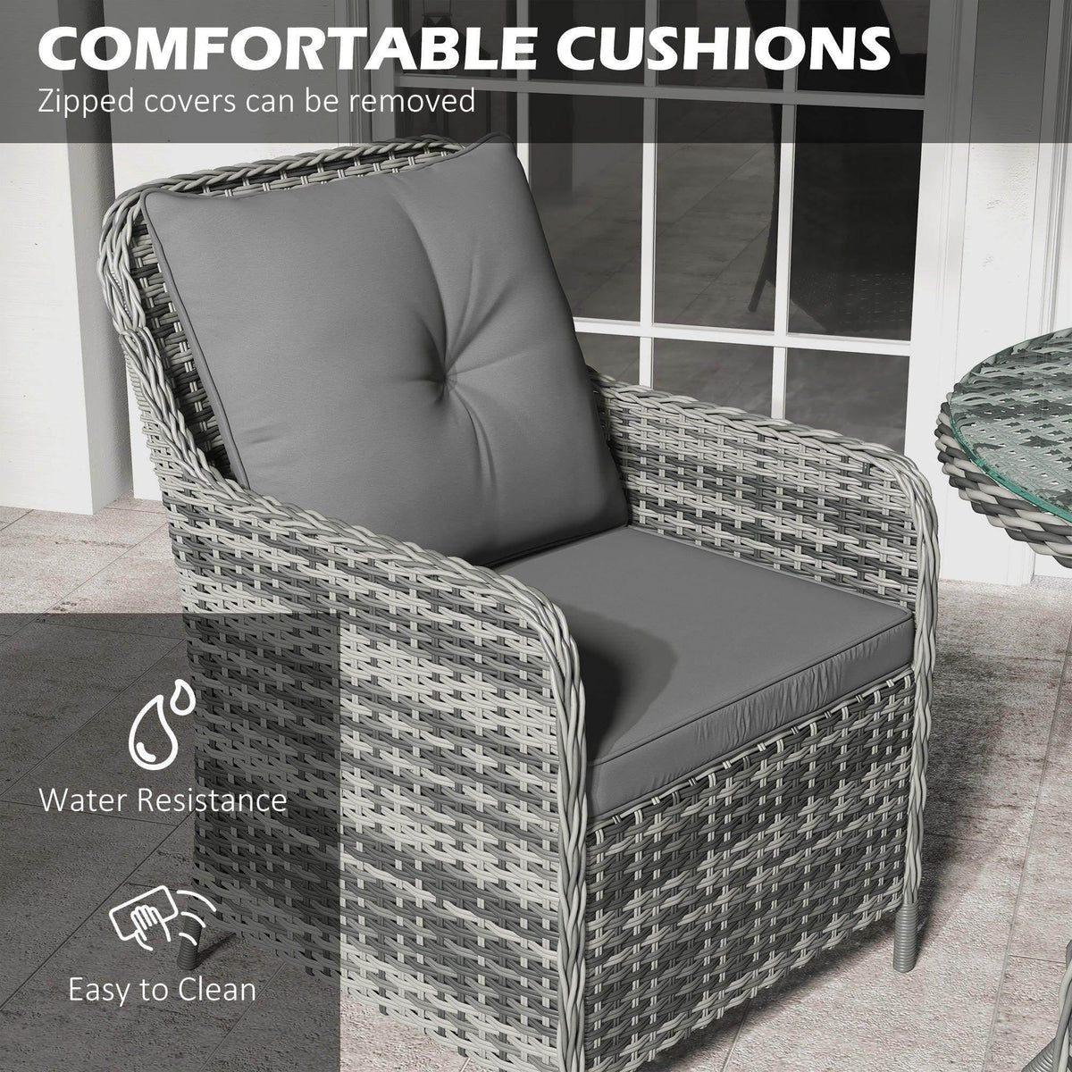 Gray wicker armchair with removable zip cushion covers, water-resistant fabric