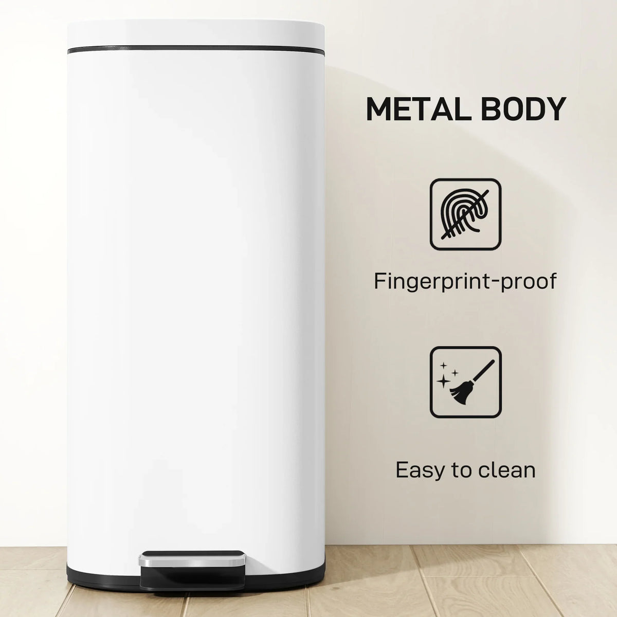 White metal pedal trash can with fingerprint-proof finish and easy-clean surface
