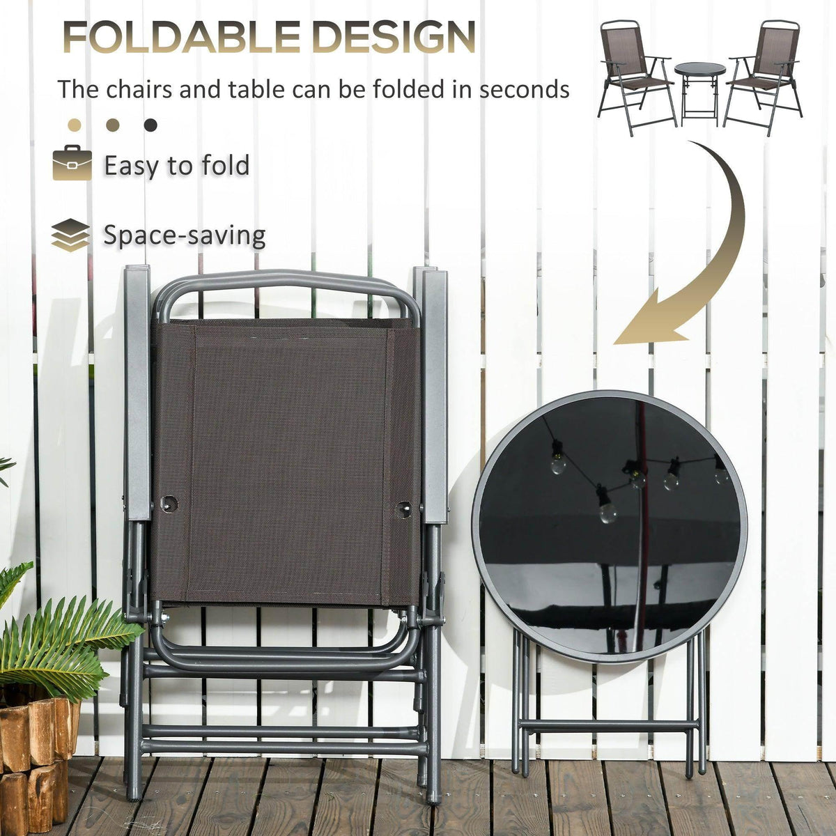 Foldable outdoor bistro set with stacked mesh chairs and a round glass tabletop table