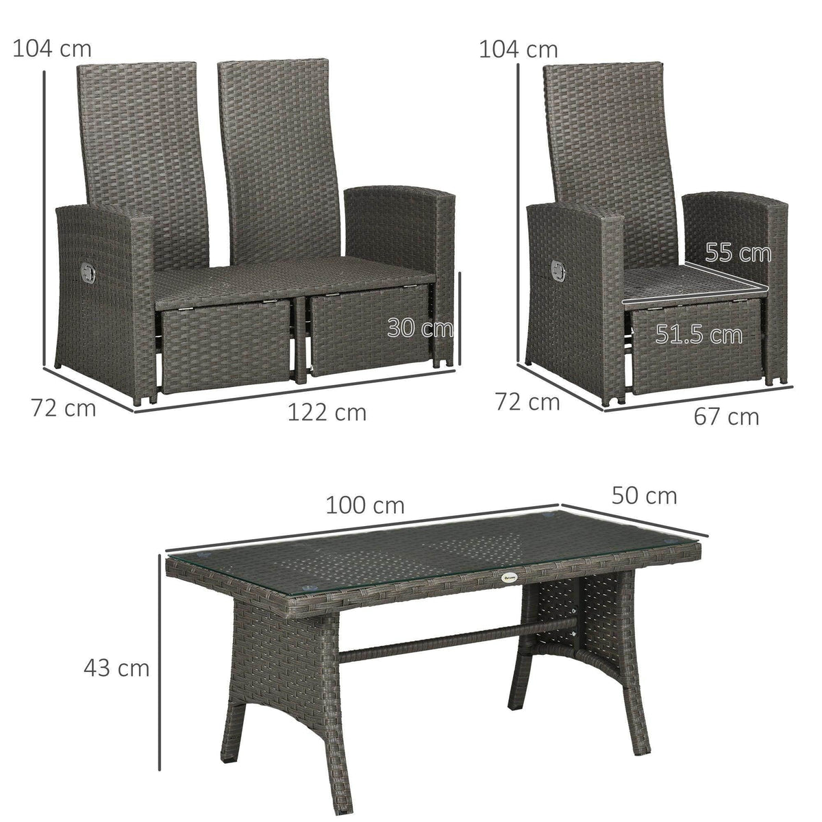 Grey rattan furniture set layout showing two armchairs, a loveseat, and glass table