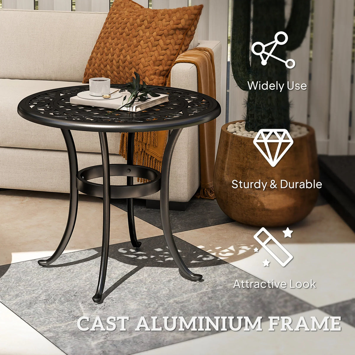 Black round patio end table with decorative lattice top and 3-leg cast aluminum base