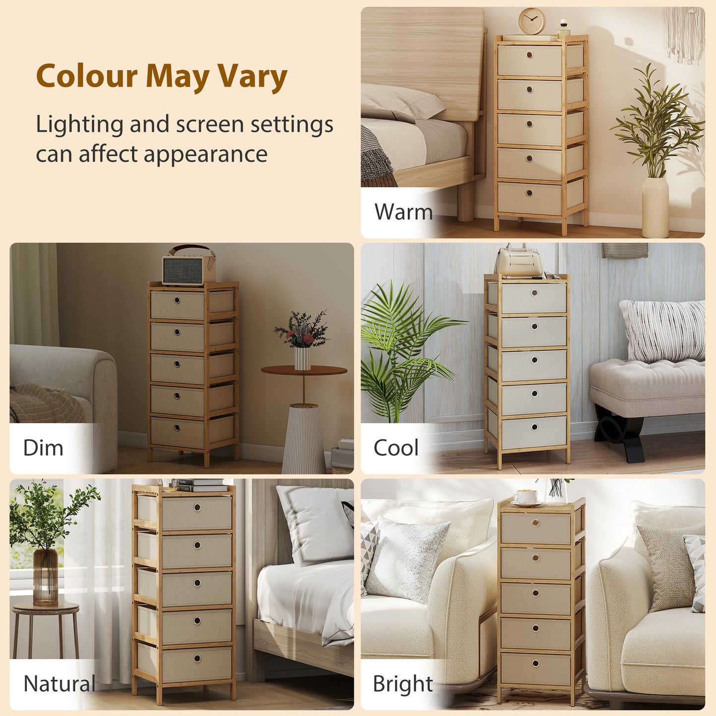 HOMCOM Five Drawer Fabric Dresser Narrow Chest With Bamboo Frame Cream White For Bedroom Organization