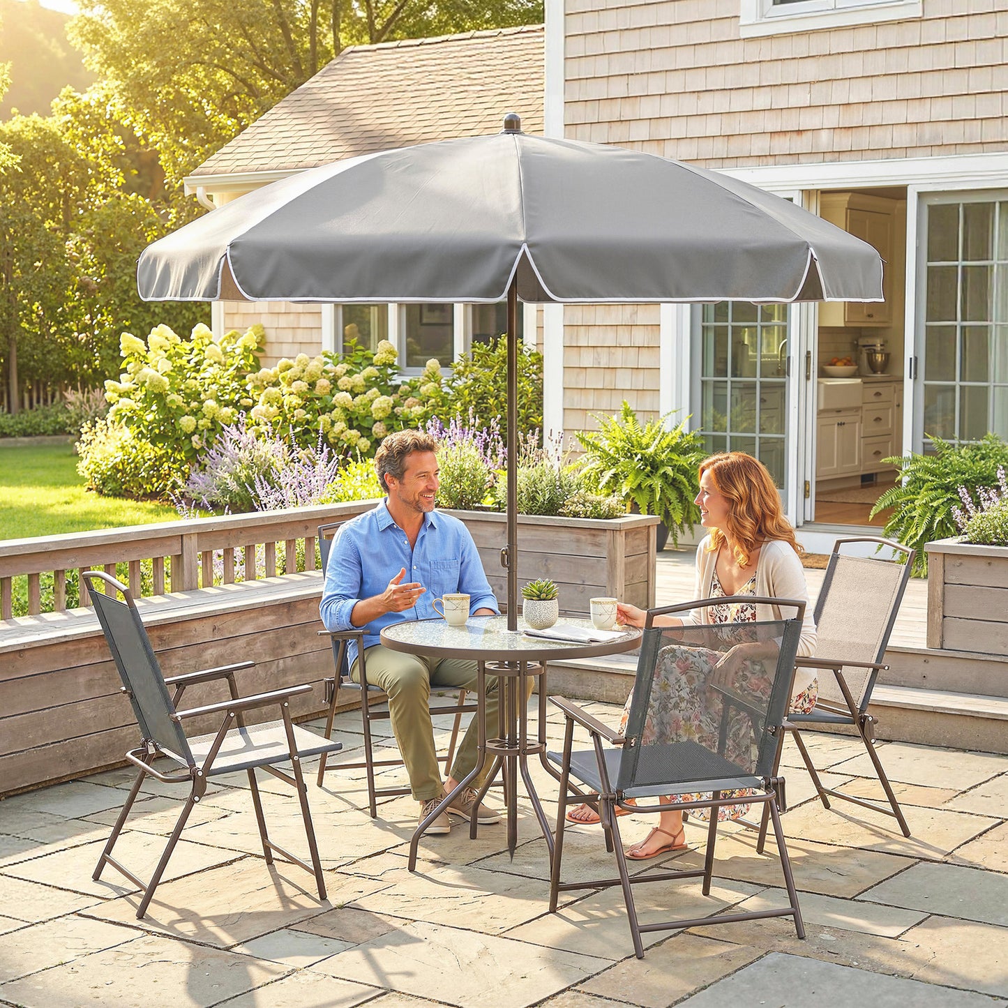 Outsunny 6 Piece Garden Dining Set With Umbrella Parasol Round Glass Table And 4 Folding Chairs In Dark Grey