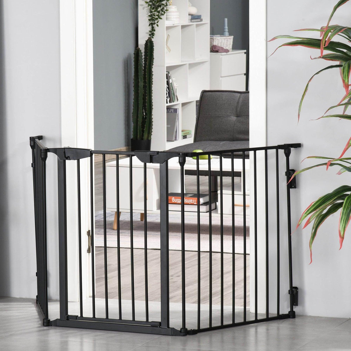 3-panel pet safety gate in black with vertical bars and hinged corner section
