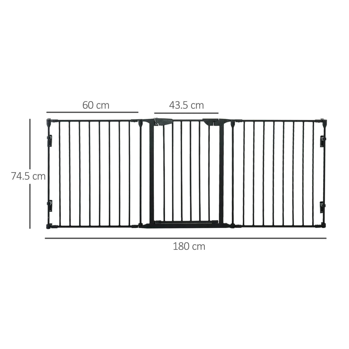 Black 3-panel pet safety gate shown flat with vertical bars and side brackets