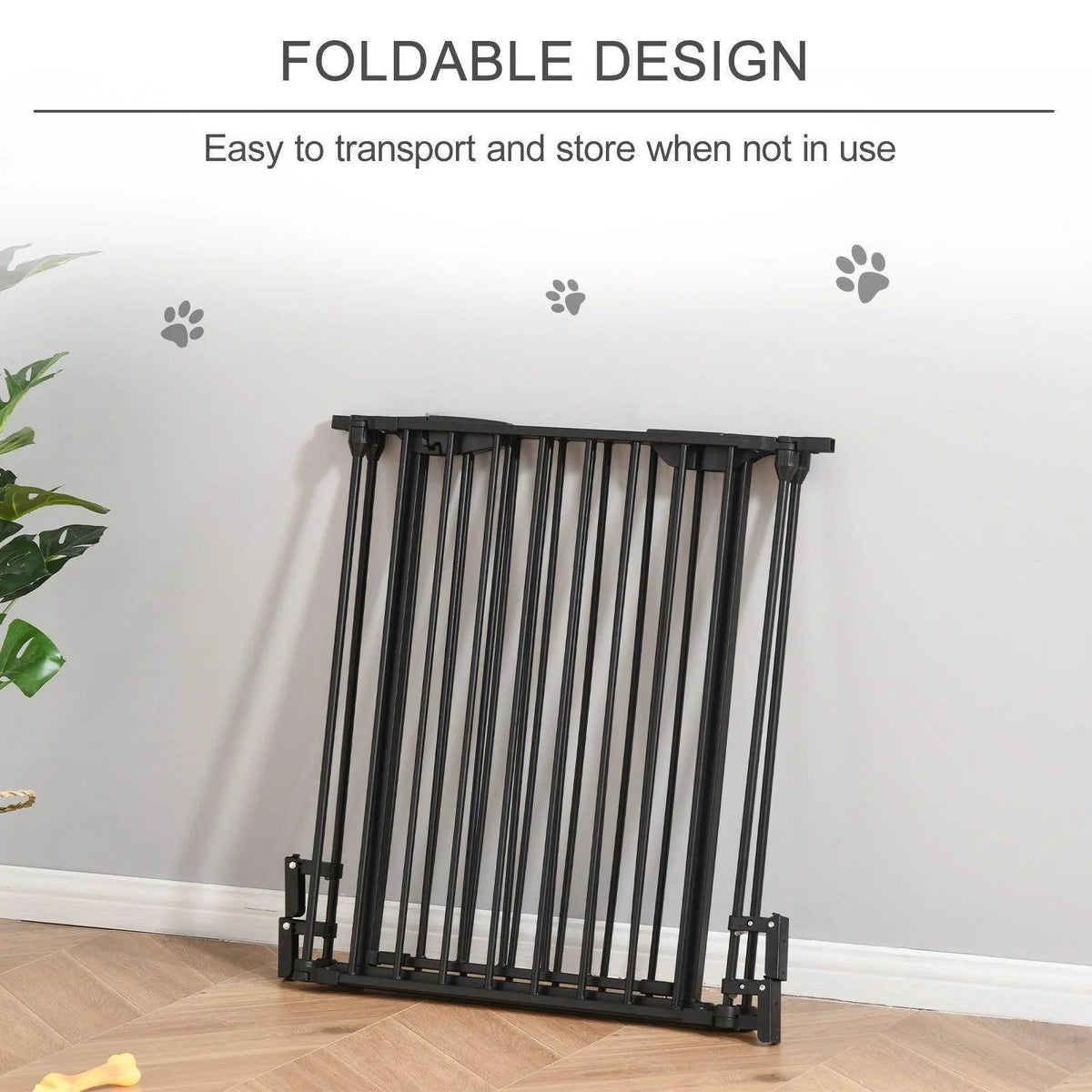 Folding black 3-panel pet safety gate standing upright for storage