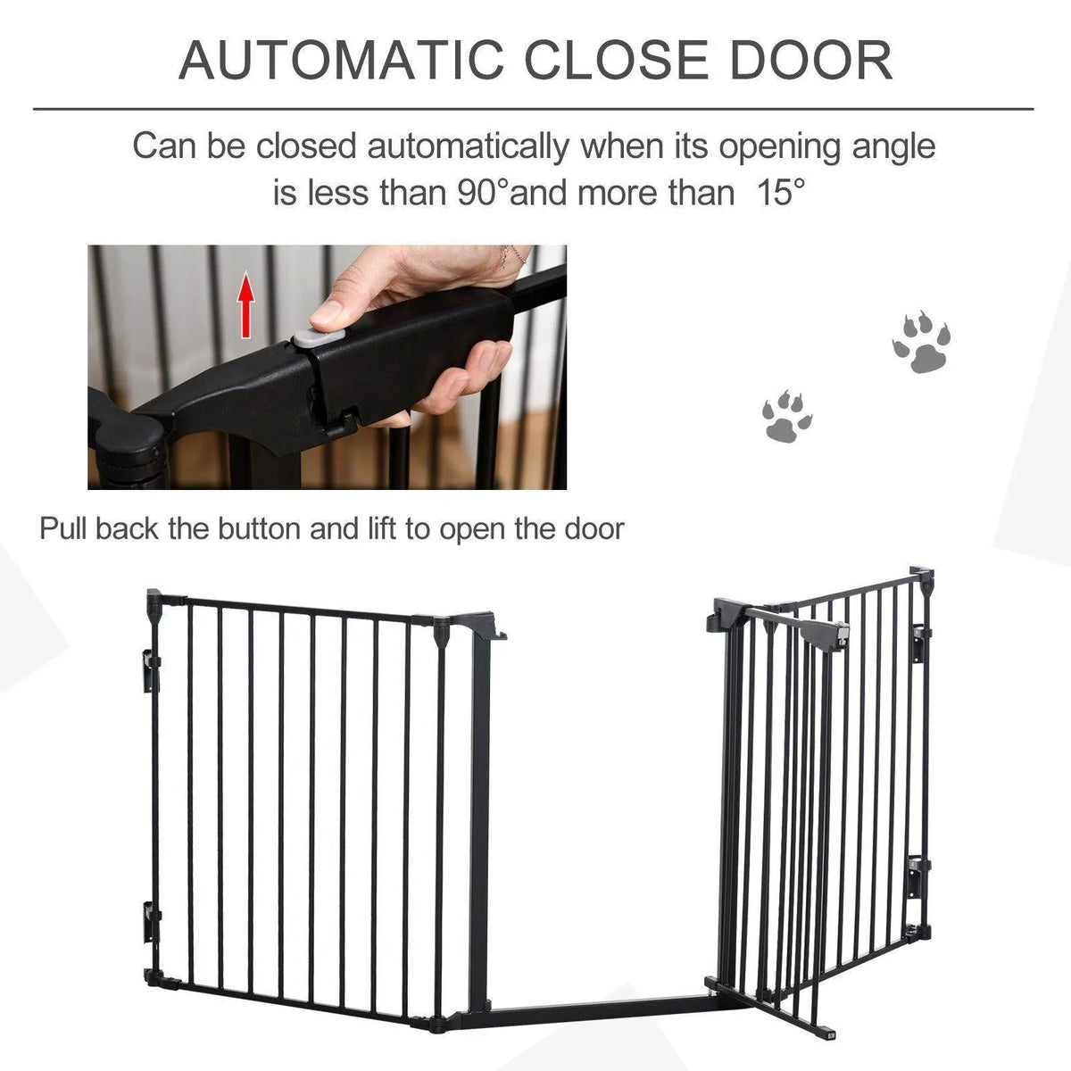 3-panel pet safety gate with top latch and auto-close door mechanism