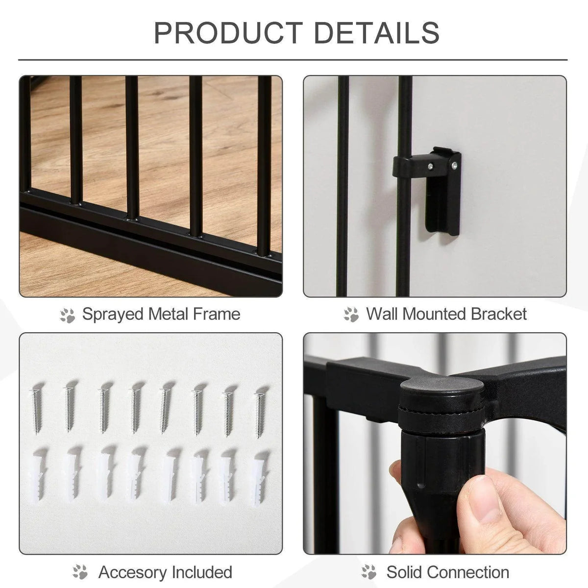Pet safety gate product details: black metal frame, wall bracket, included hardware