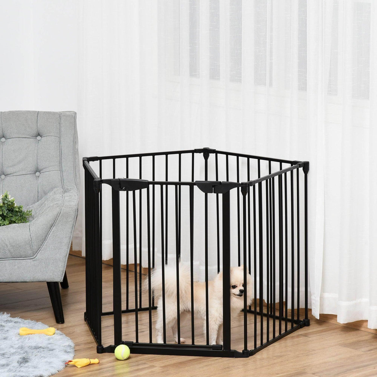 5-panel metal pet gate with black vertical bars and walk-through door, freestanding frame