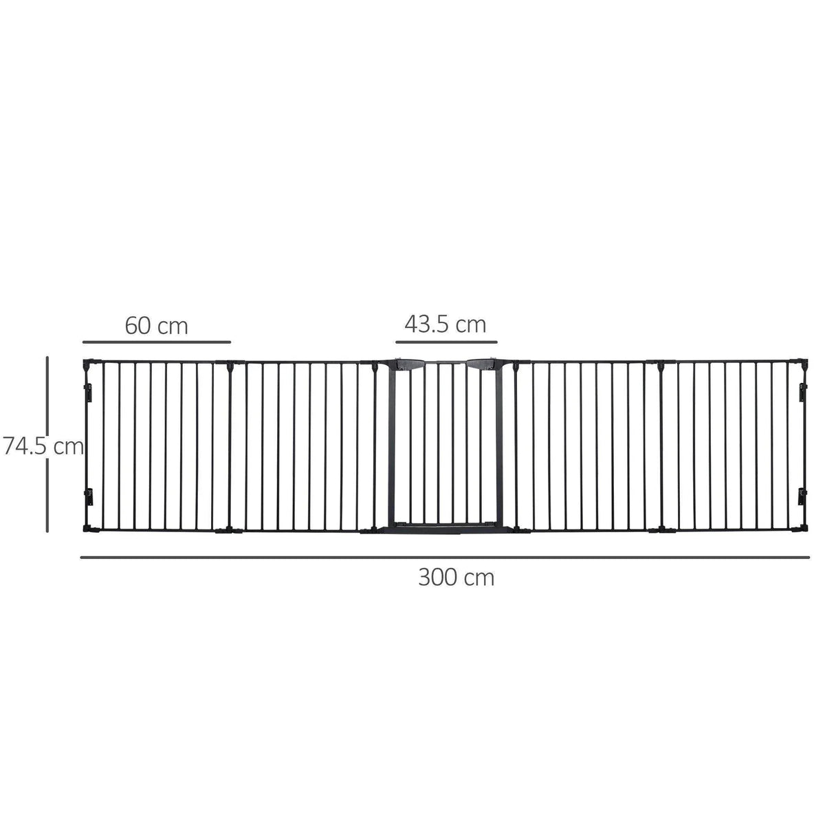5-panel metal pet gate size diagram with black frame and vertical bar panels