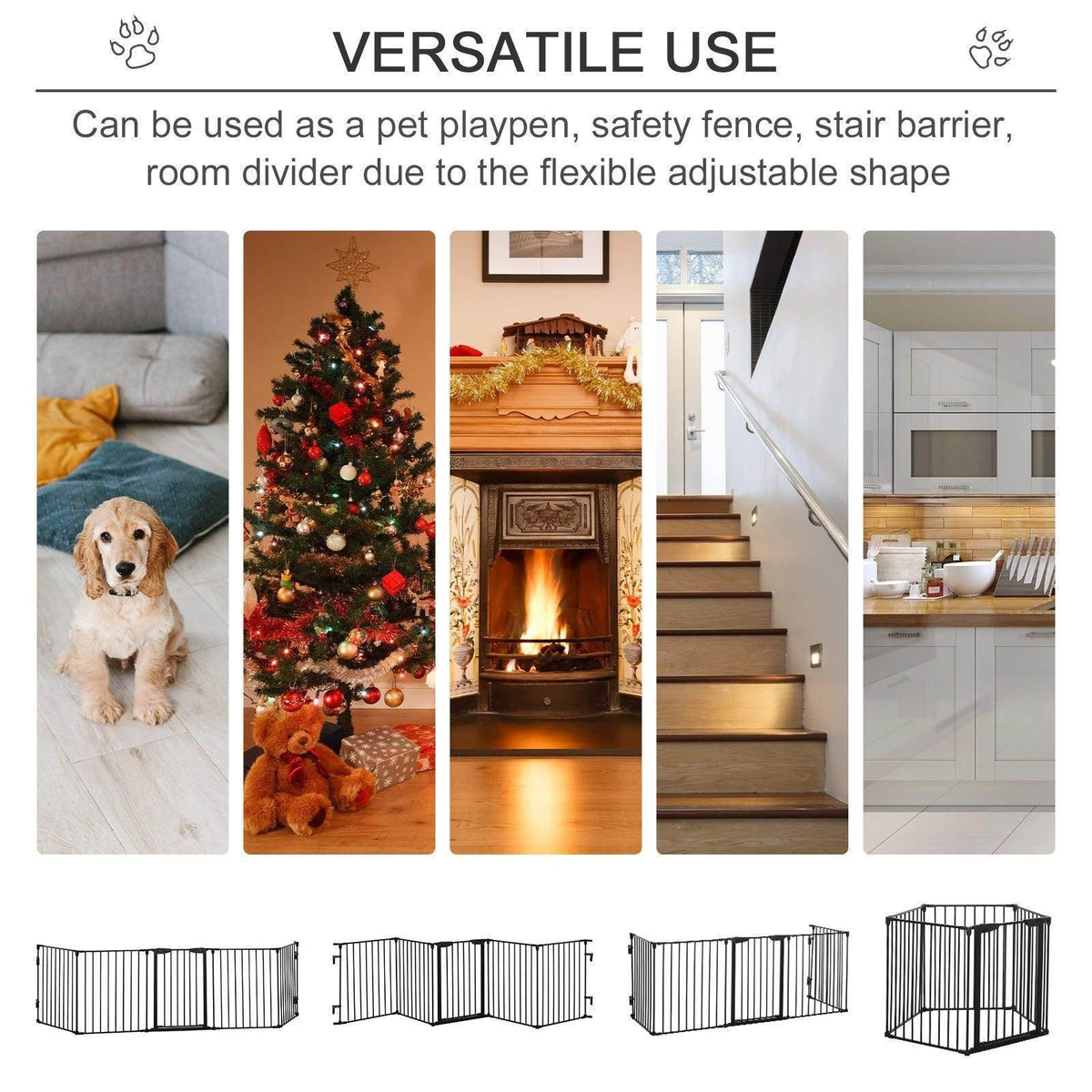 5-panel metal pet gate shown in multiple indoor uses, with flexible folding layout