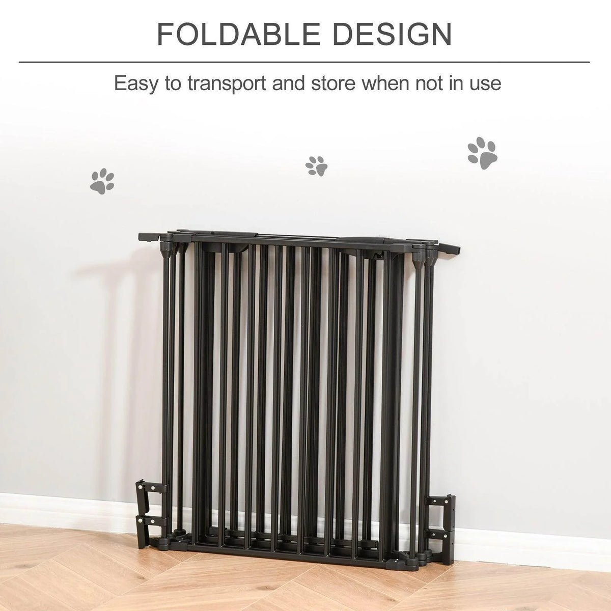Foldable 5-panel metal pet gate with black vertical bars and hinged sections
