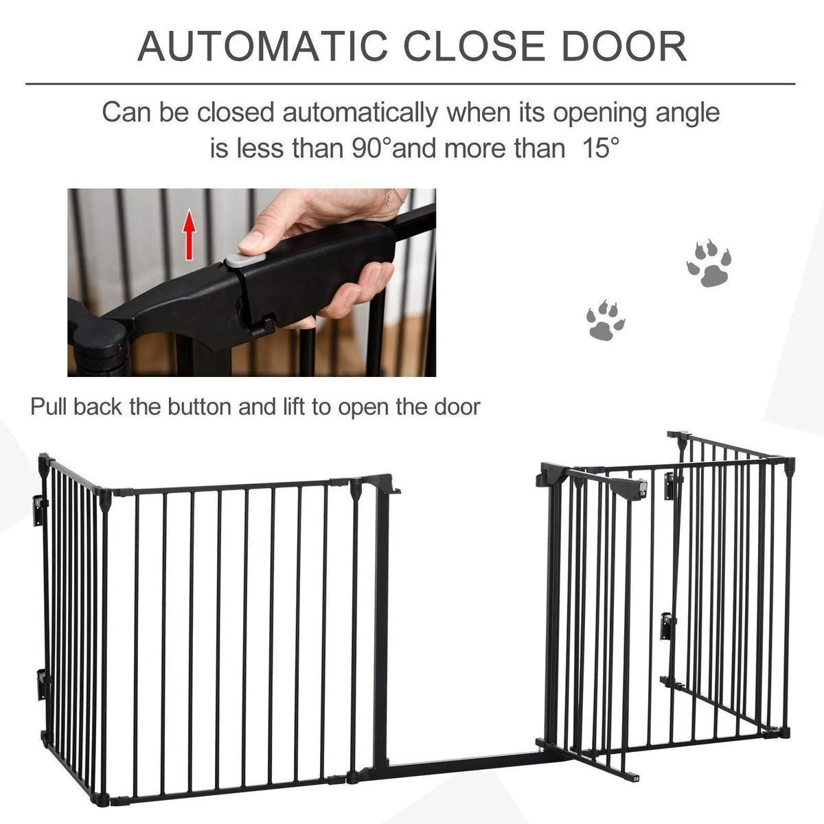 5-panel metal pet gate with hinged door that auto-closes, black pull handle