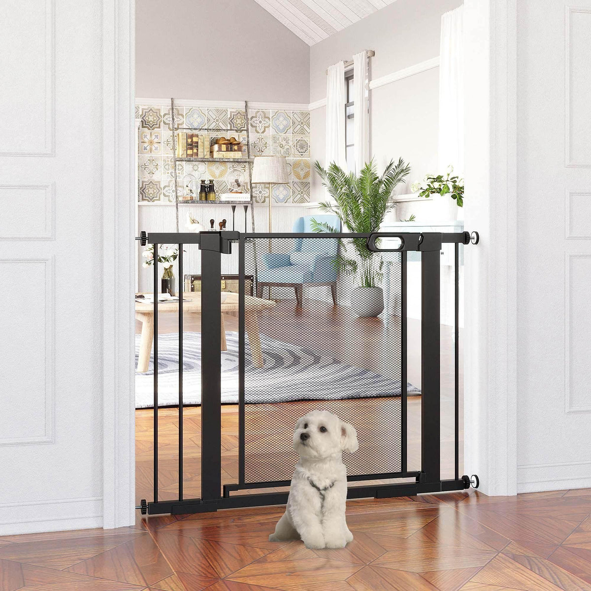 PawHut auto-close pet gate with black metal frame and mesh barrier for doorway fit