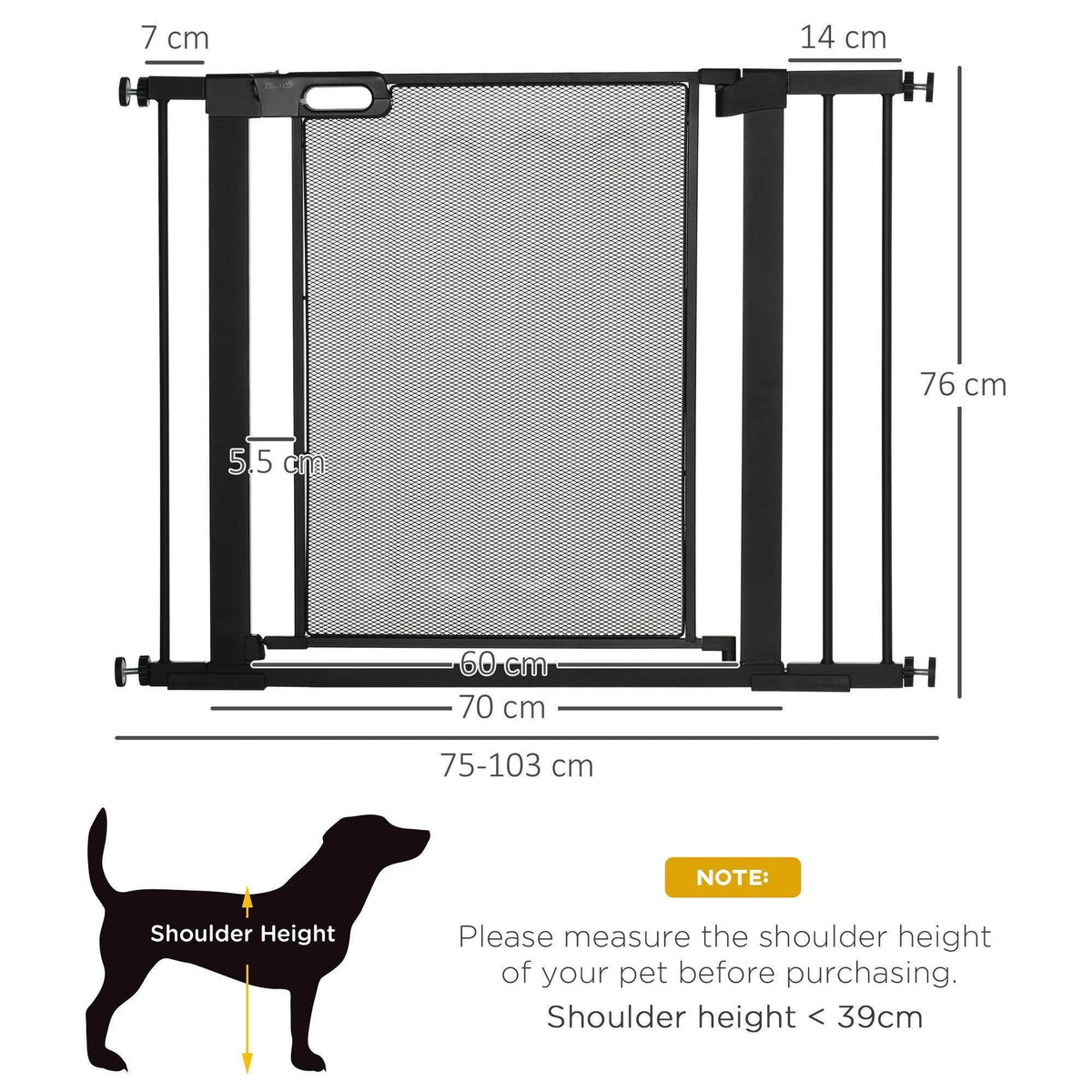 PawHut pet gate with black mesh panel and size measurements, adjustable width