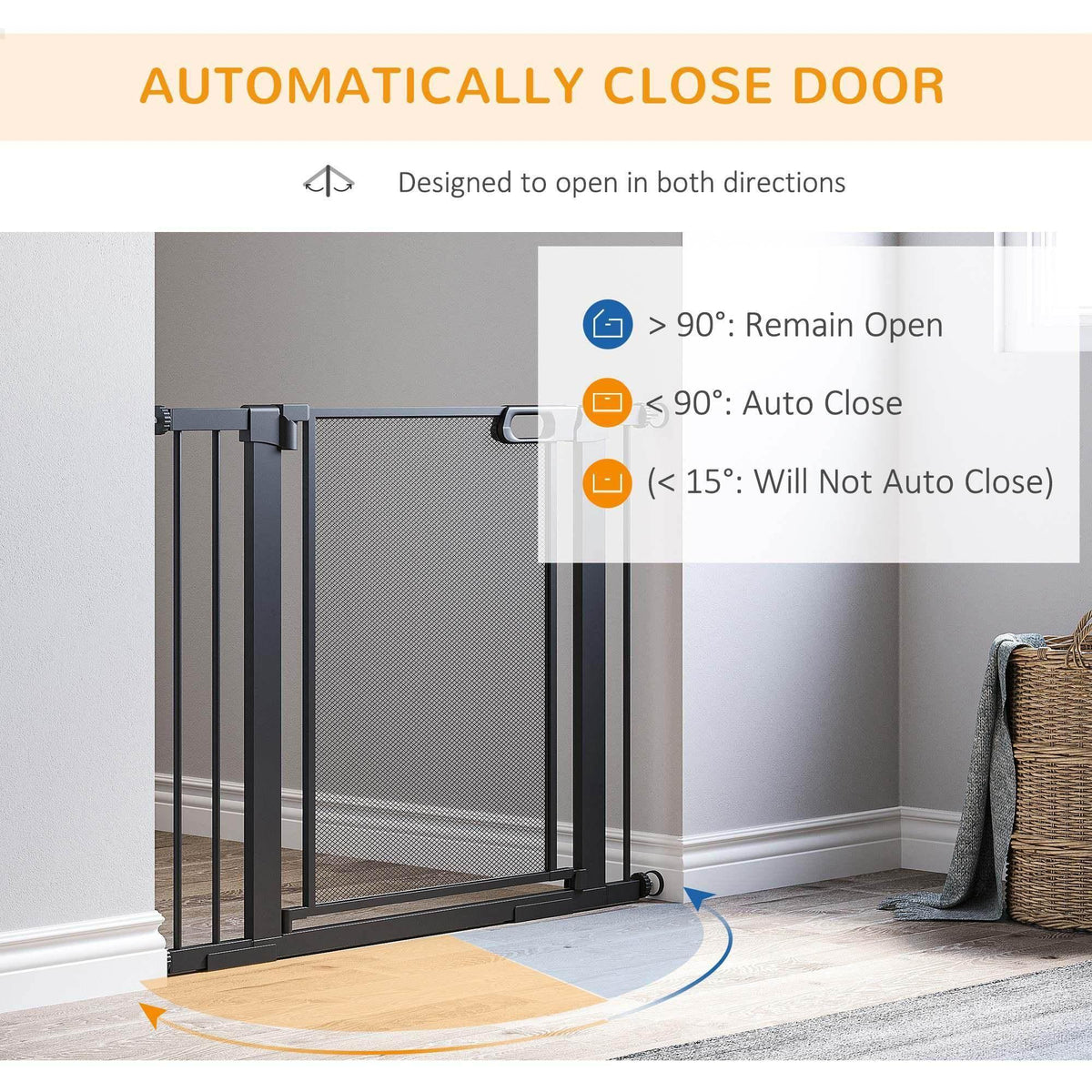 PawHut auto-close pet gate with black mesh barrier and self-closing hinge near floor