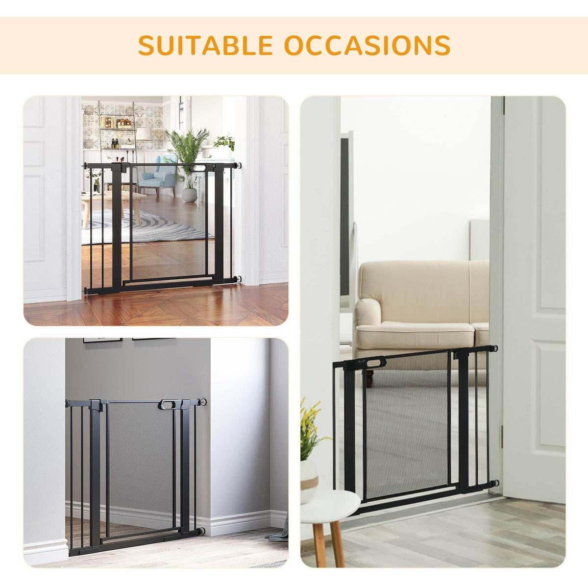 PawHut pet gate for doorways with black frame and mesh barrier panels