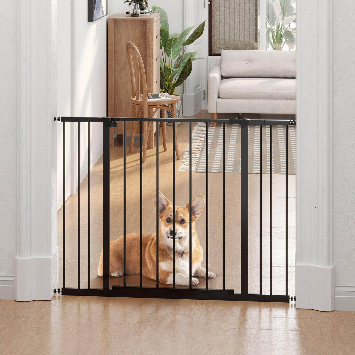 PawHut adjustable black dog gate with vertical bars, set in doorway for pets