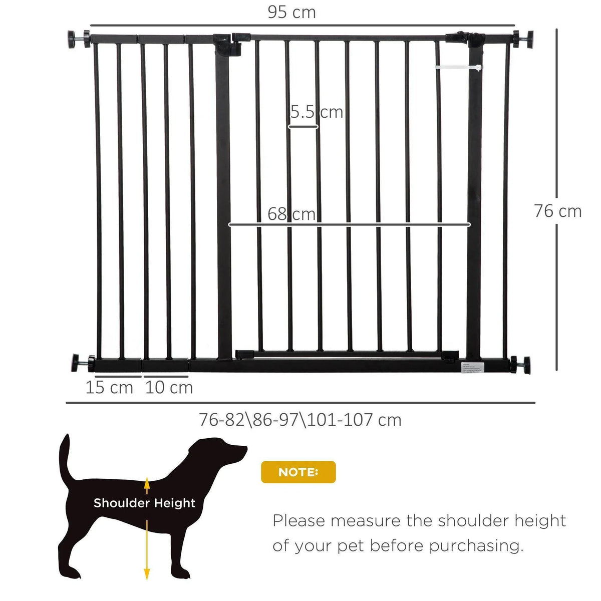 Black adjustable dog gate with vertical bars and width range, shown with measurements