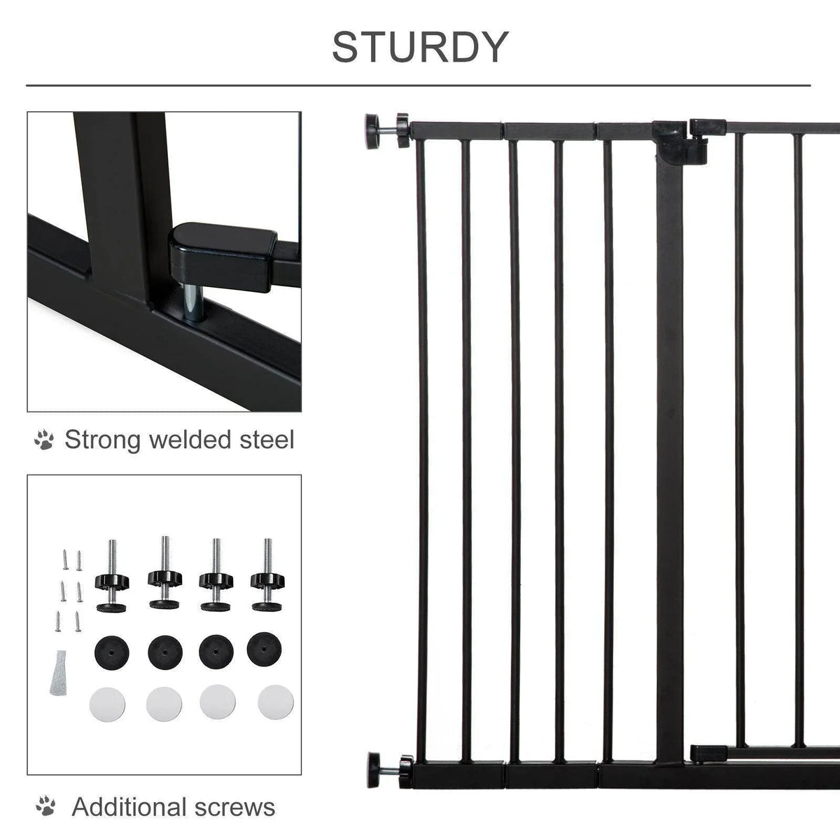 Black dog gate panel with welded steel frame and mounting screws, close-up
