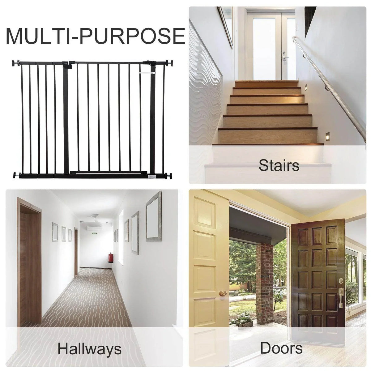 Black dog gate with vertical bars, shown for multi-purpose indoor use
