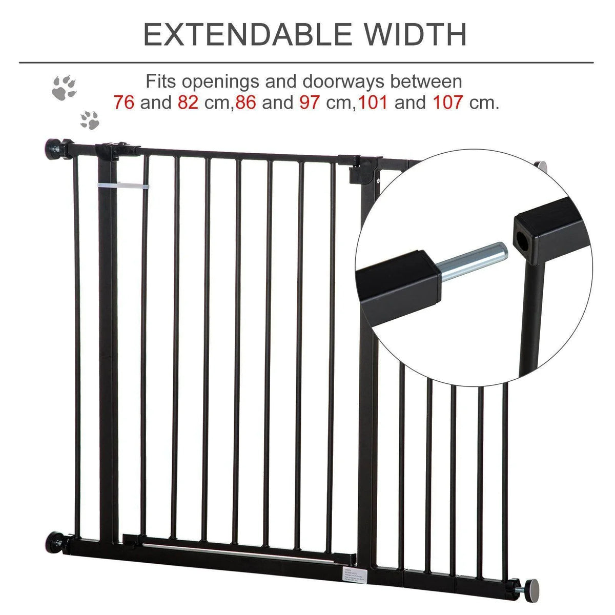 Black expandable dog gate with vertical bars and adjustable end latch pieces