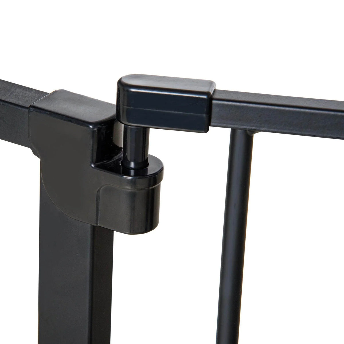 Black dog gate hinge latch connector with end cap detail