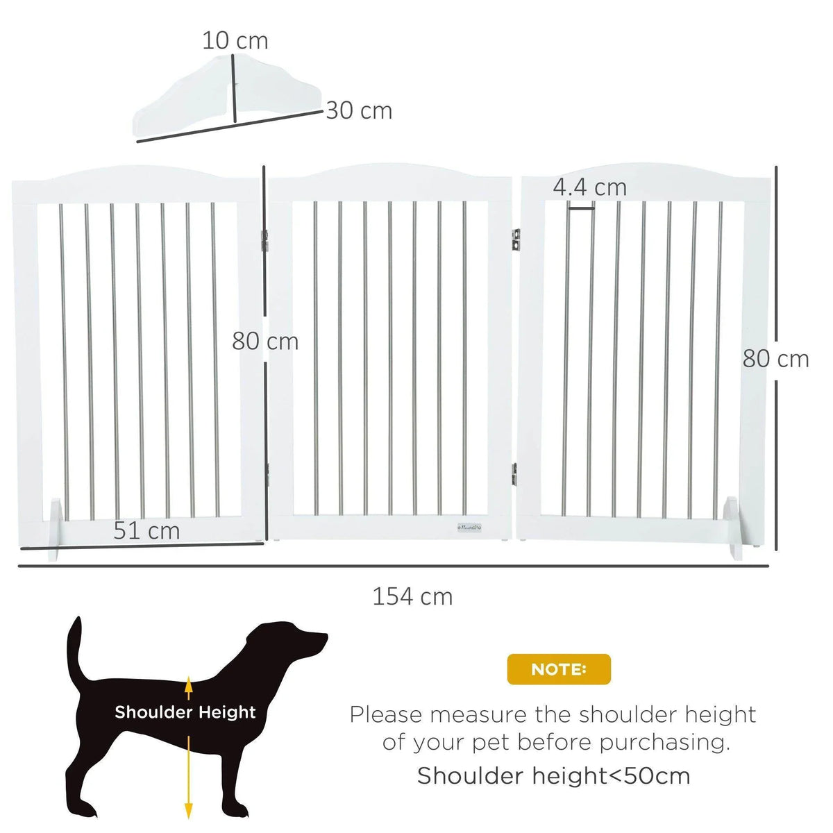 Foldable dog gate dimension diagram with vertical bars and white side panels.