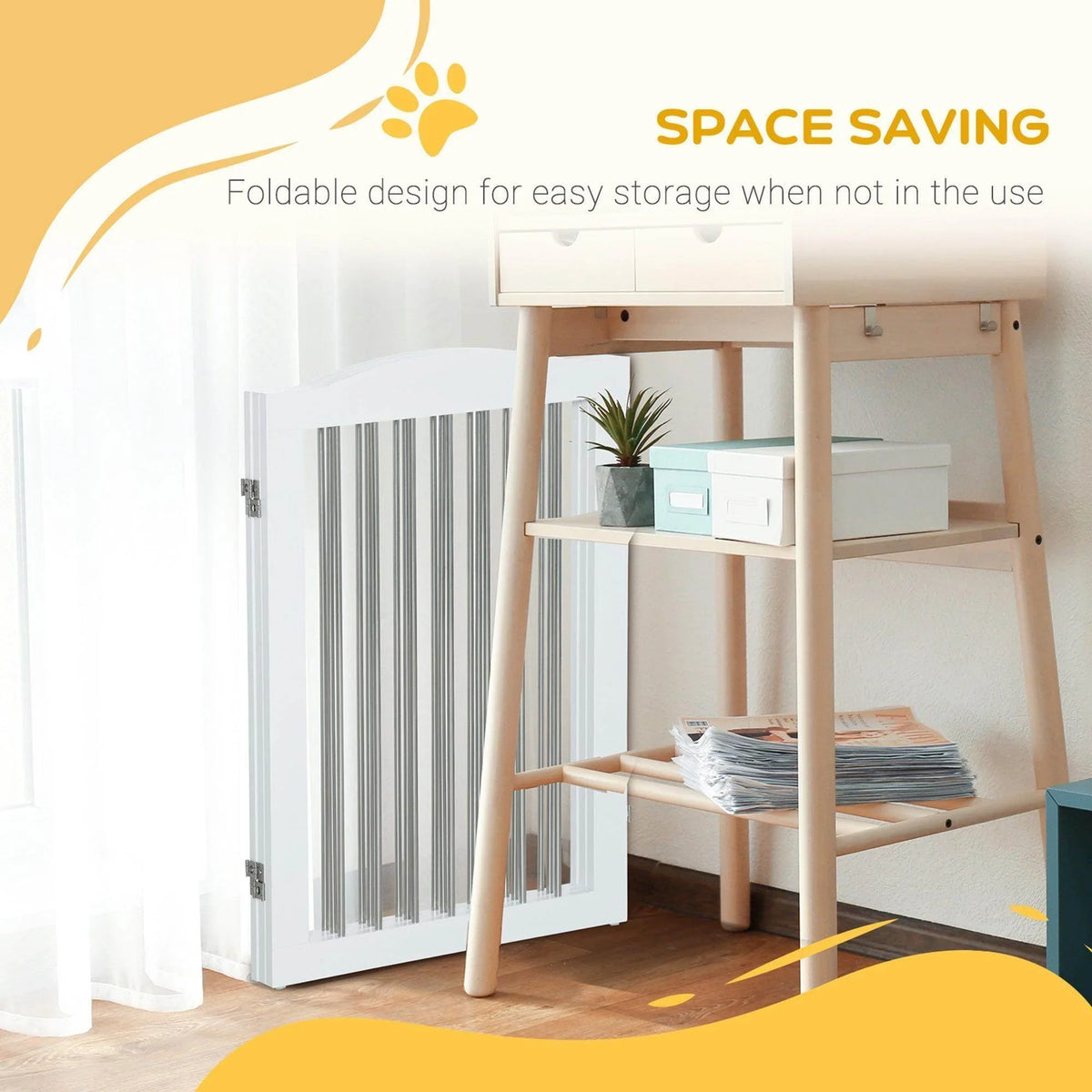 Foldable white dog gate installed in a compact space-saving setup.