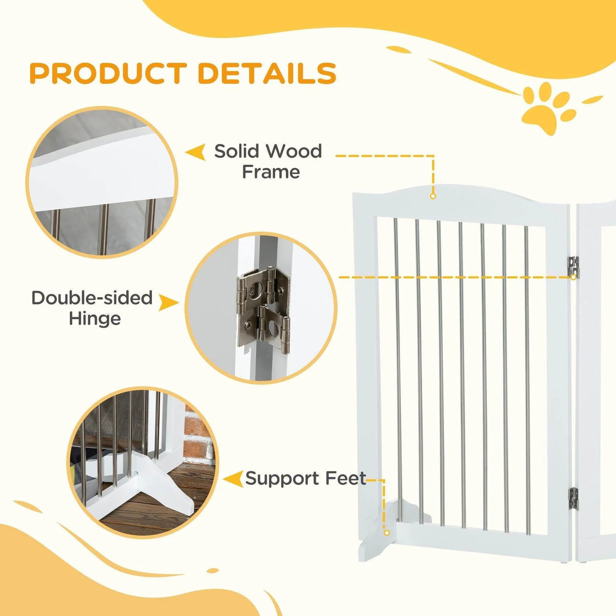 Foldable dog gate with solid wood frame, support feet, and double hinge details.