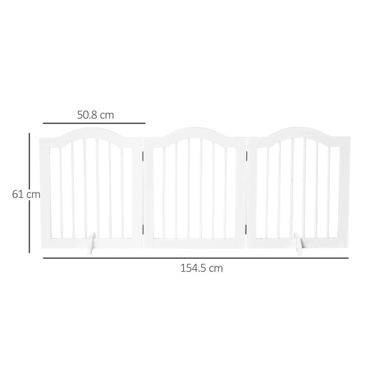 Foldable pet gate outline with height and length measurements, white panels