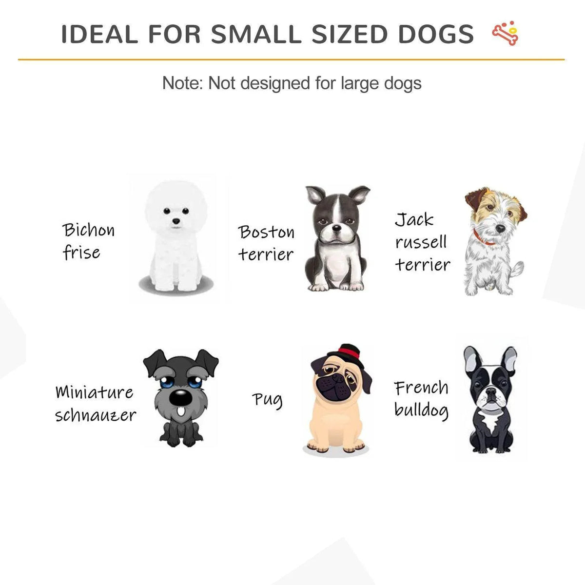 Foldable pet gate with illustrated small dog lineup, white vertical-bar panels