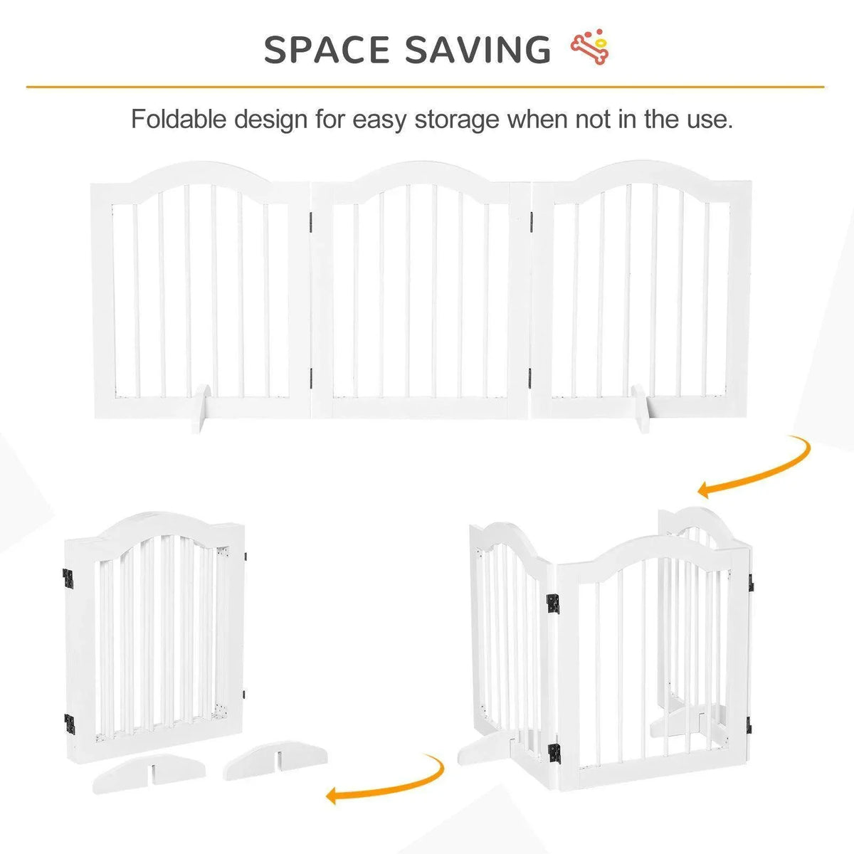 Foldable pet gate showing space-saving fold design with supporting feet