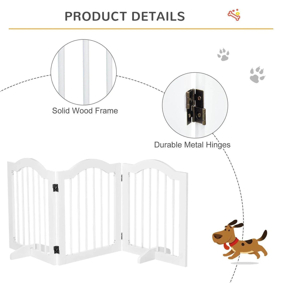 White pet gate with solid wood frame and durable metal hinges on panels