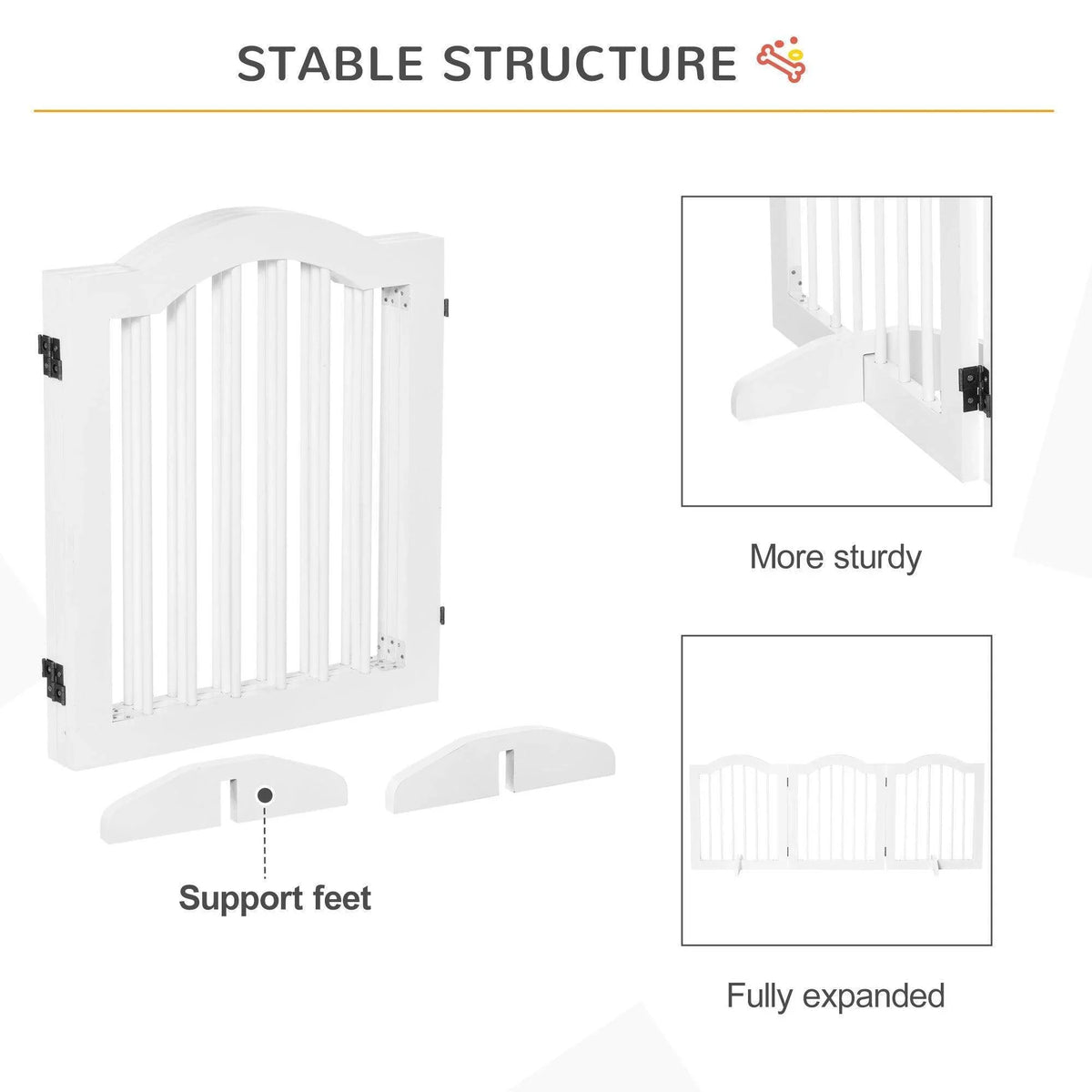 White foldable pet gate with support feet and stable expanded structure