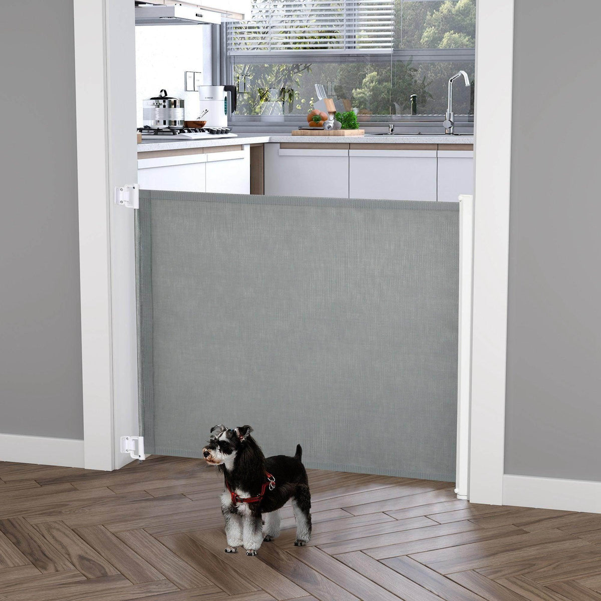 Retractable pet gate with gray mesh panel, installed in doorway; dog stands nearby