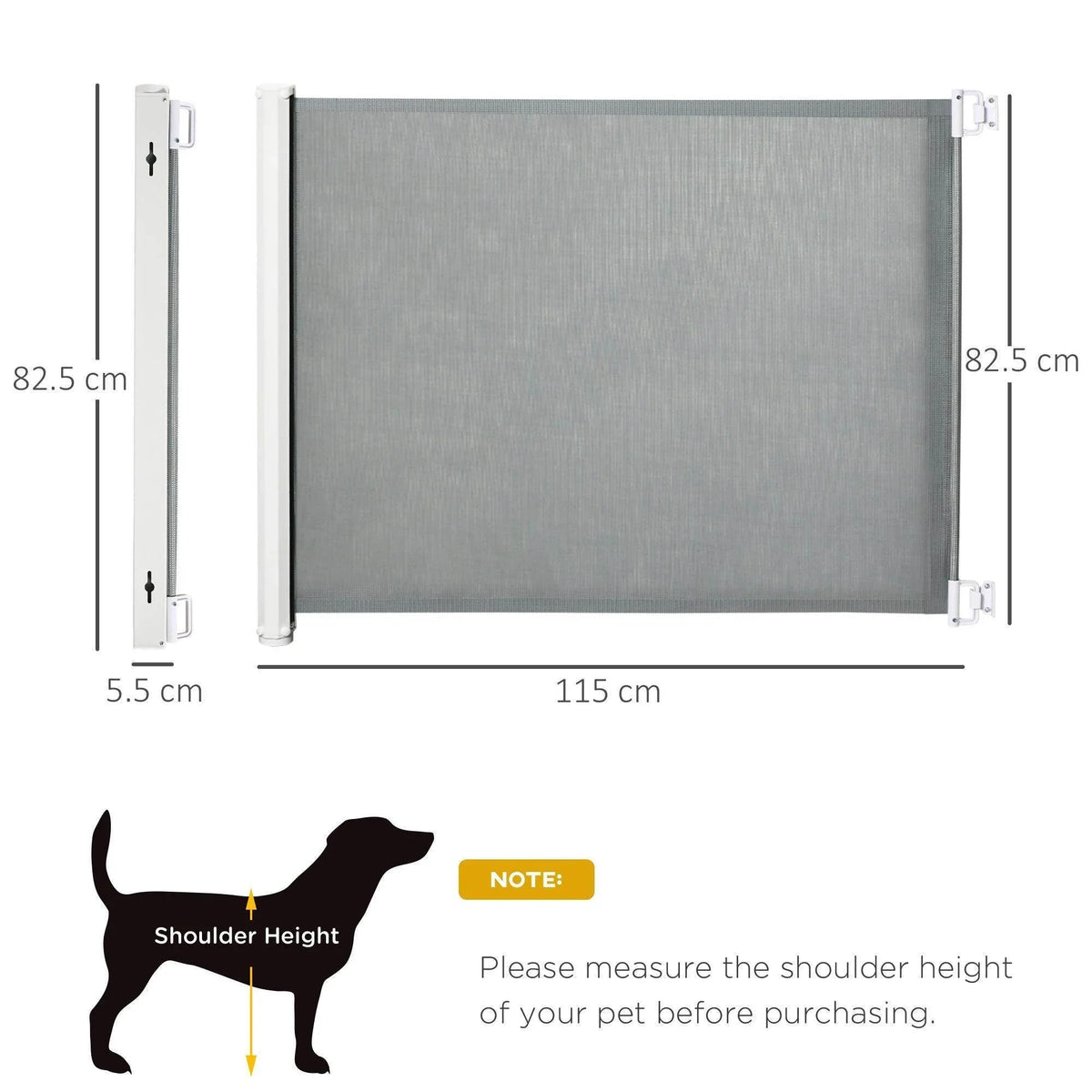 Retractable pet gate size diagram: 115 cm wide, 82.5 cm tall, gray mesh