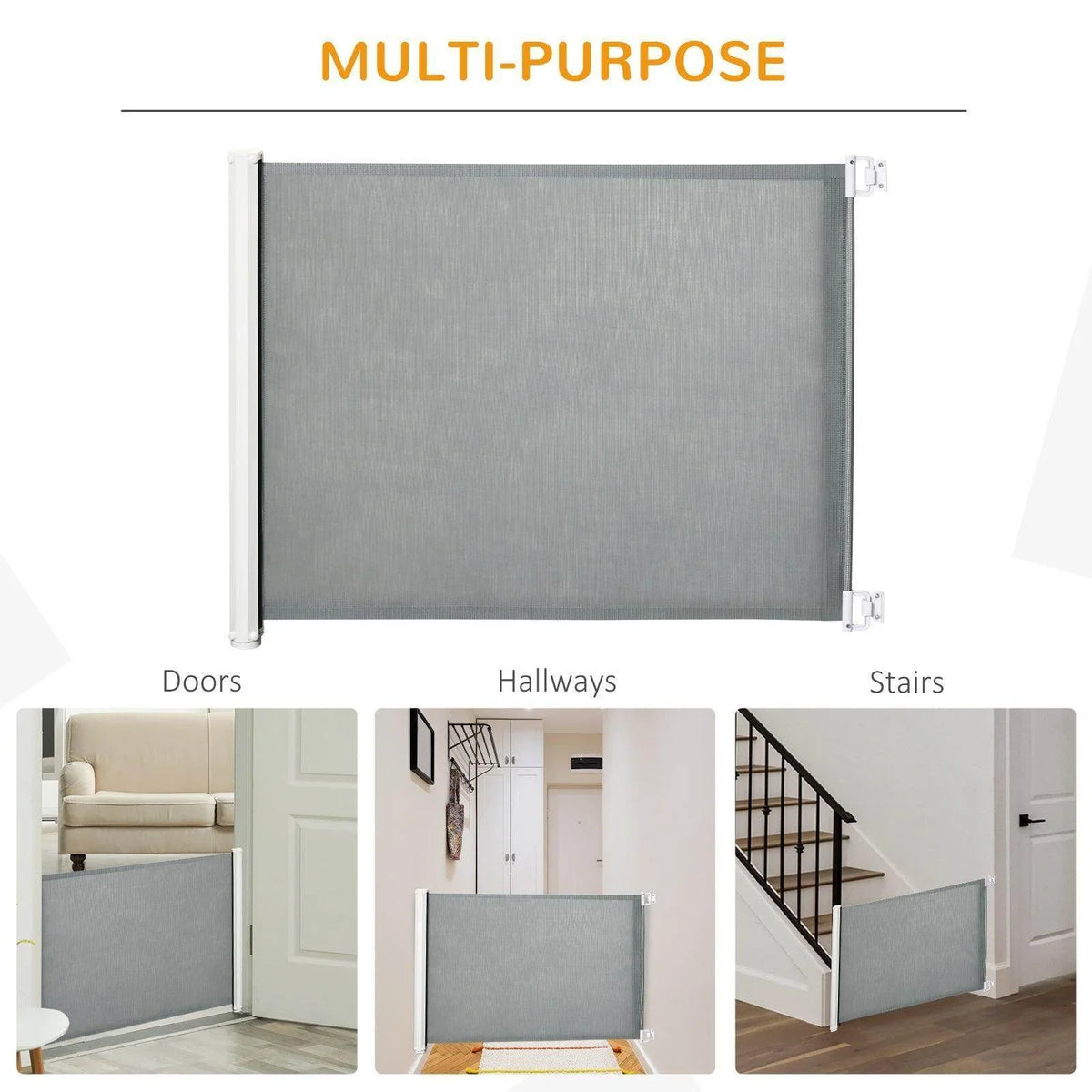 Retractable pet safety gate with gray mesh panel and white metal frame