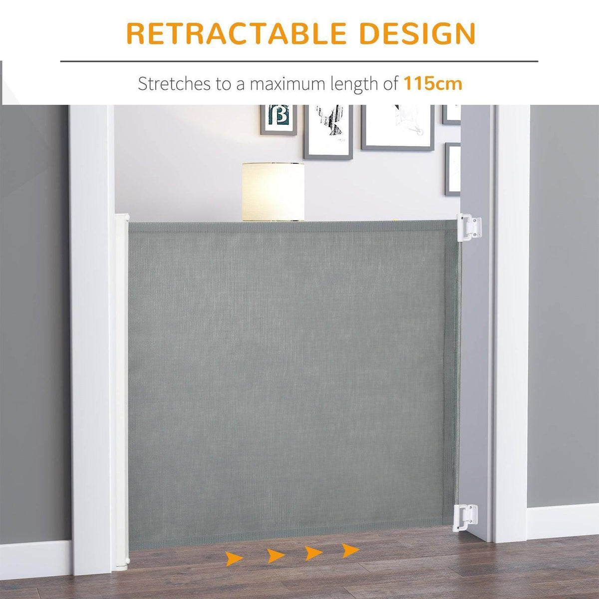 Retractable pet gate with gray mesh stretched to 115 cm, mounted between doorways