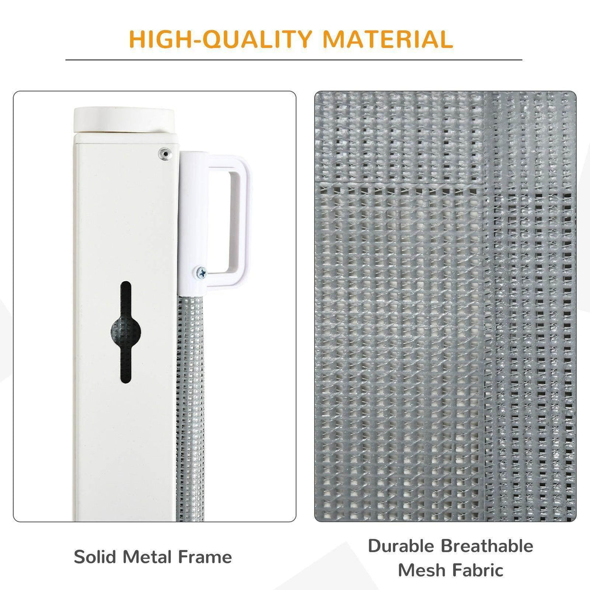 Pet gate with solid metal frame and durable breathable gray mesh fabric