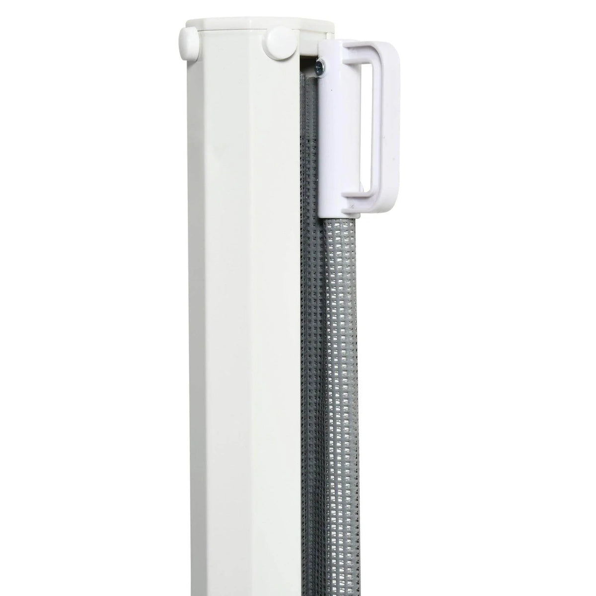 Retractable pet gate mounting bracket on white frame with gray mesh panel