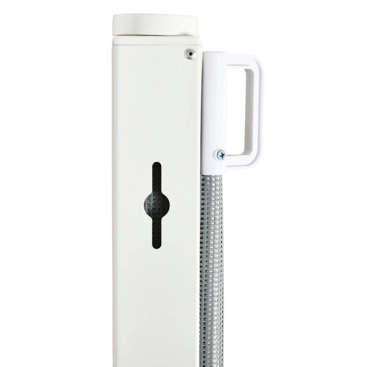 Pet gate release latch and solid white frame beside gray mesh panel