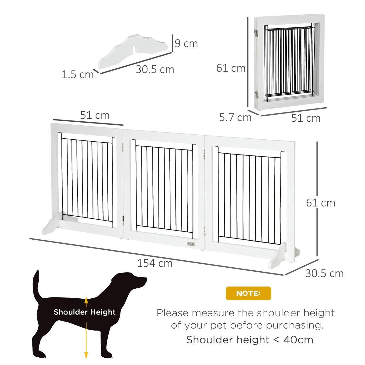 Foldable dog fence size diagram: 154 cm wide, 61 cm high, black bar panels.