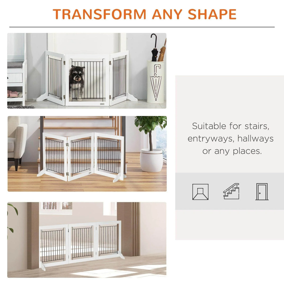 Foldable dog gate shown in multiple configurations for stairs, entryways, and hallways.